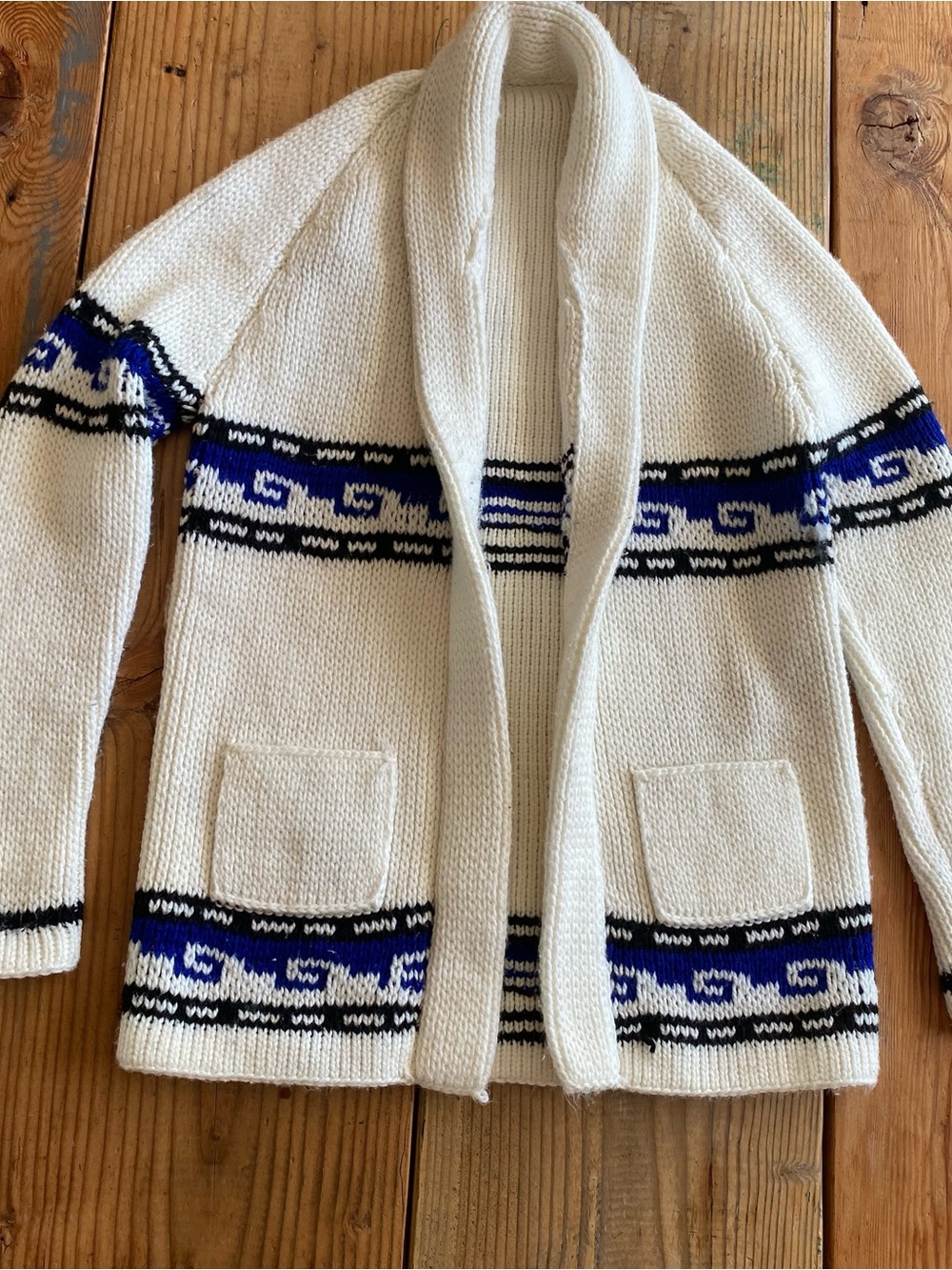 Vintage Shawl Collar Cowichan Wave Cardigan sweater white Blue Black handmade